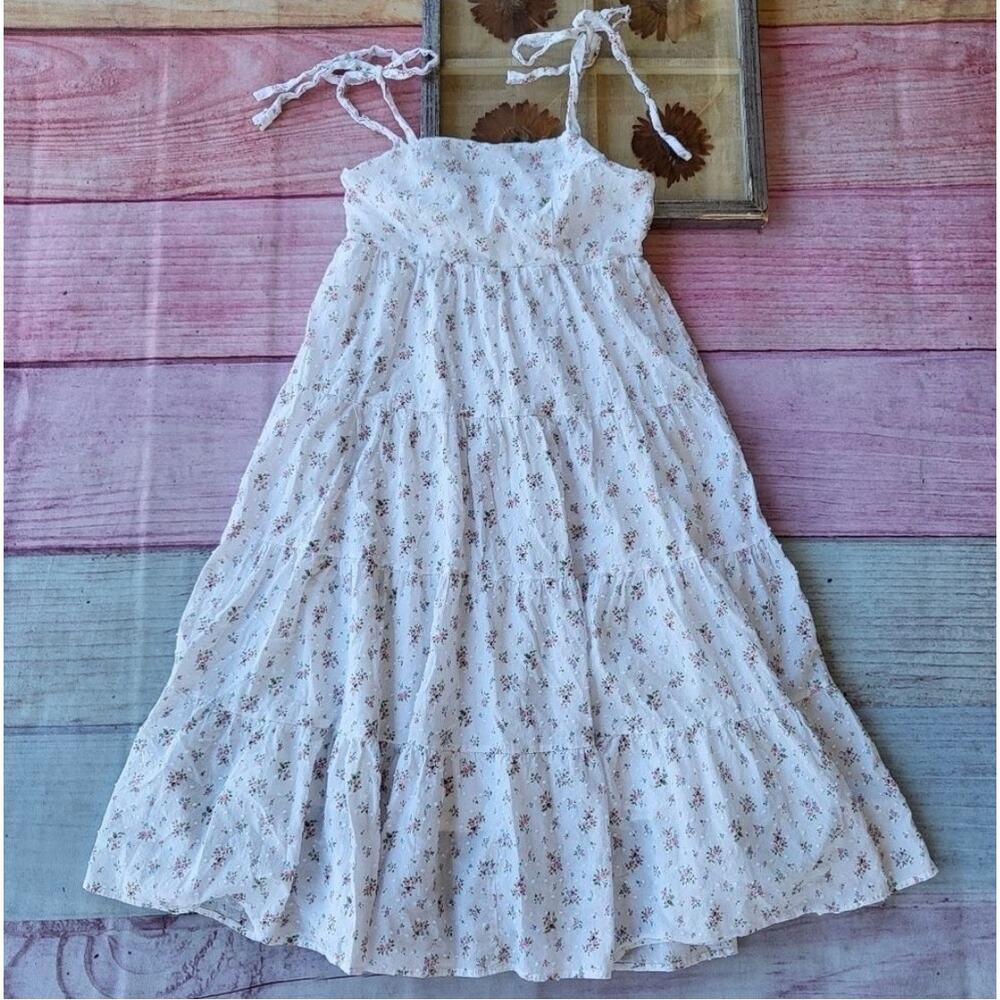 Storia white floral ties‎ strap Empire Waist tiered midi dress women's  sz small